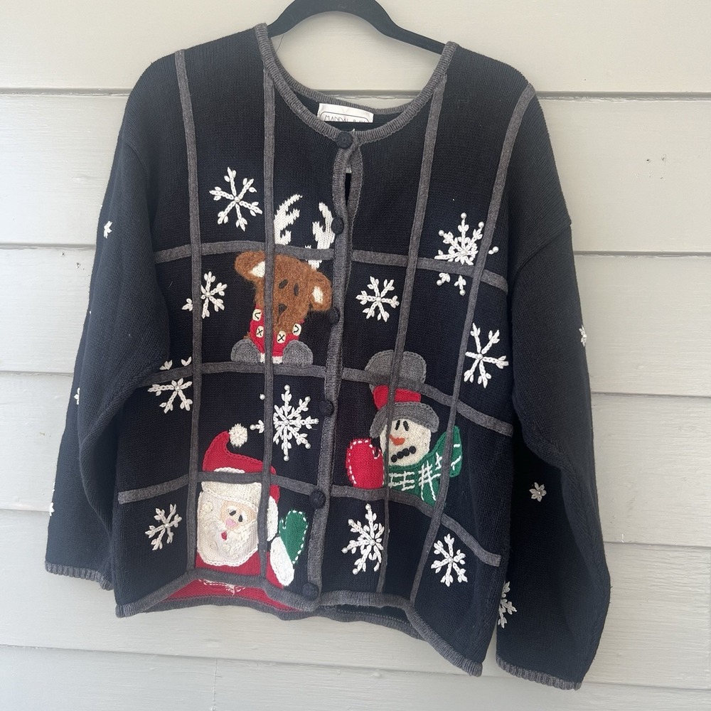 Vintage Mandal Bay Cardigan L Black Knit Christmas Santa Snowman Holiday Sweater